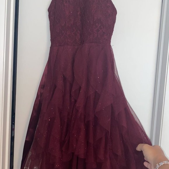 Teeze Me Burgundy Glitter Lace Ruffle High Low Dress Size 1 - Picture 4 of 5